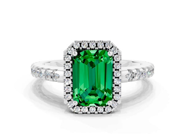 Platinum Emerald Cut Emerald Halo Engagement Ring with Pavé Band and Prong Setting