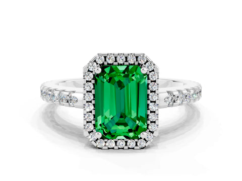 White gold Emerald Cut Emerald Halo Engagement Ring with Pavé Band and Prong Setting_12