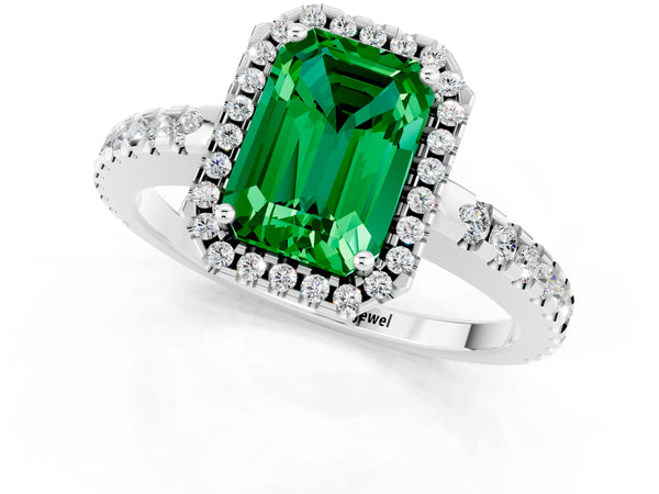 White gold Emerald Cut Emerald Halo Engagement Ring with Pavé Band and Prong Setting