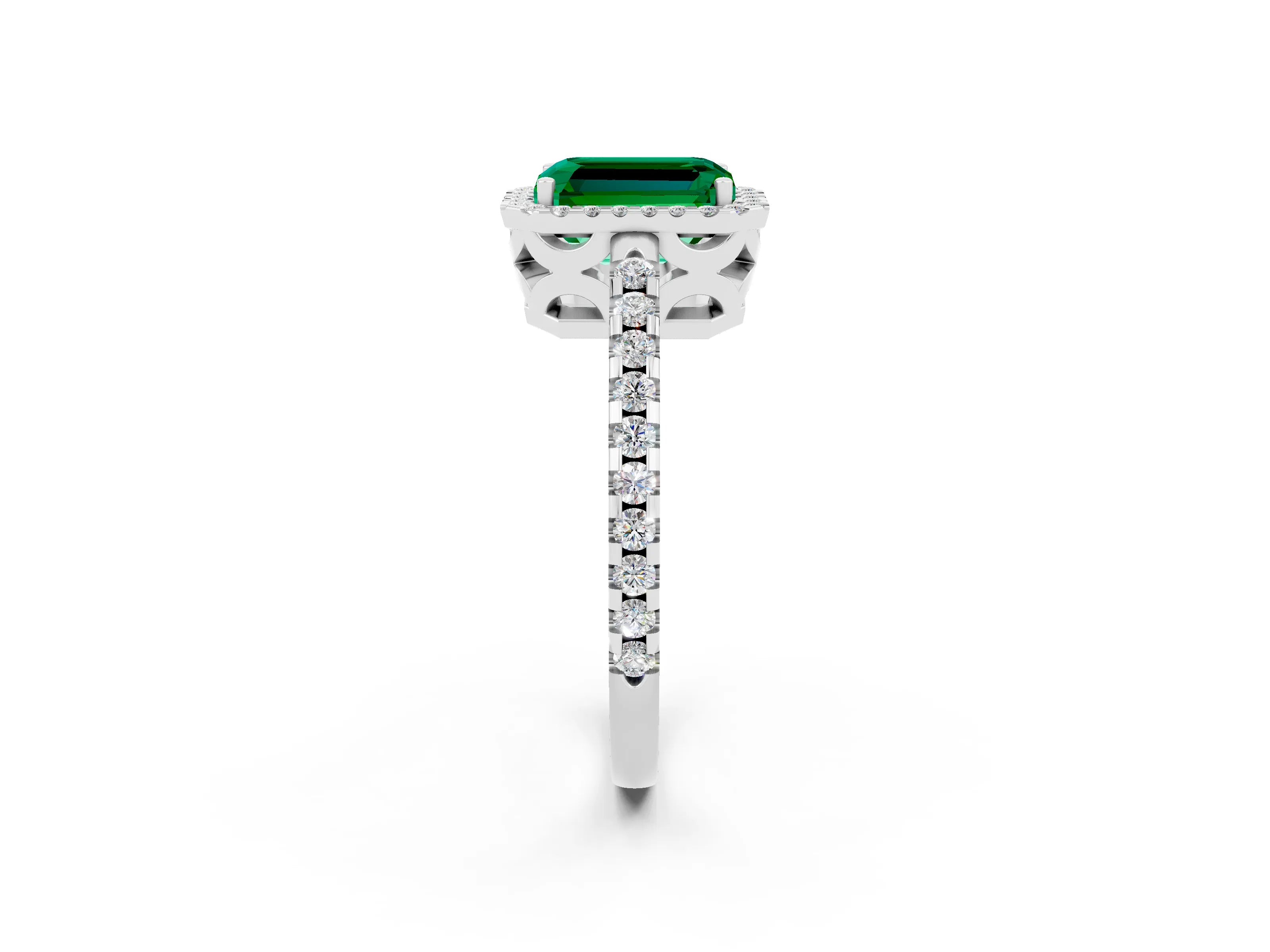 White gold Emerald Cut Emerald Halo Engagement Ring with Pavé Band and Prong Setting_14