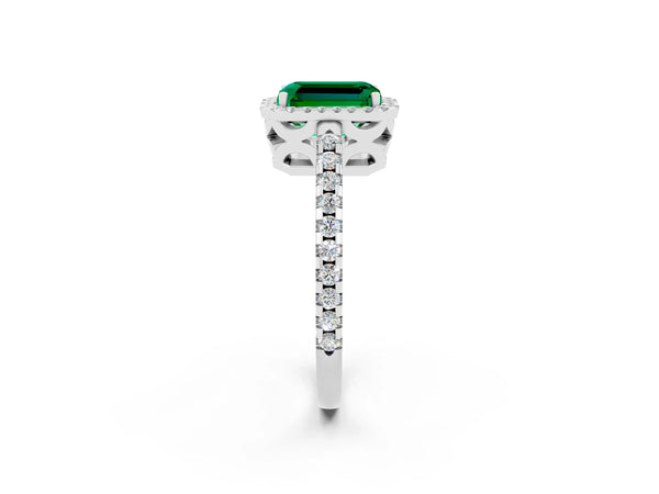 Platinum Emerald Cut Emerald Halo Engagement Ring with Pavé Band and Prong Setting