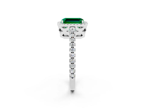 White gold Emerald Cut Emerald Halo Engagement Ring with Pavé Band and Prong Setting_14