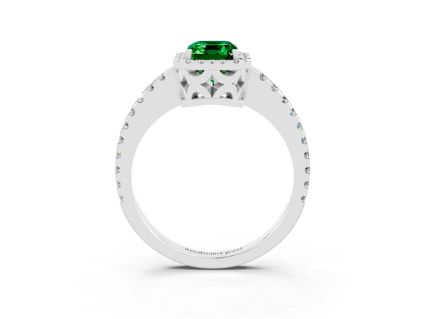 White gold Emerald Cut Emerald Halo Engagement Ring with Pavé Band and Prong Setting