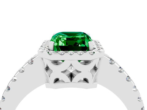 White gold Emerald Cut Emerald Halo Engagement Ring with Pavé Band and Prong Setting_16