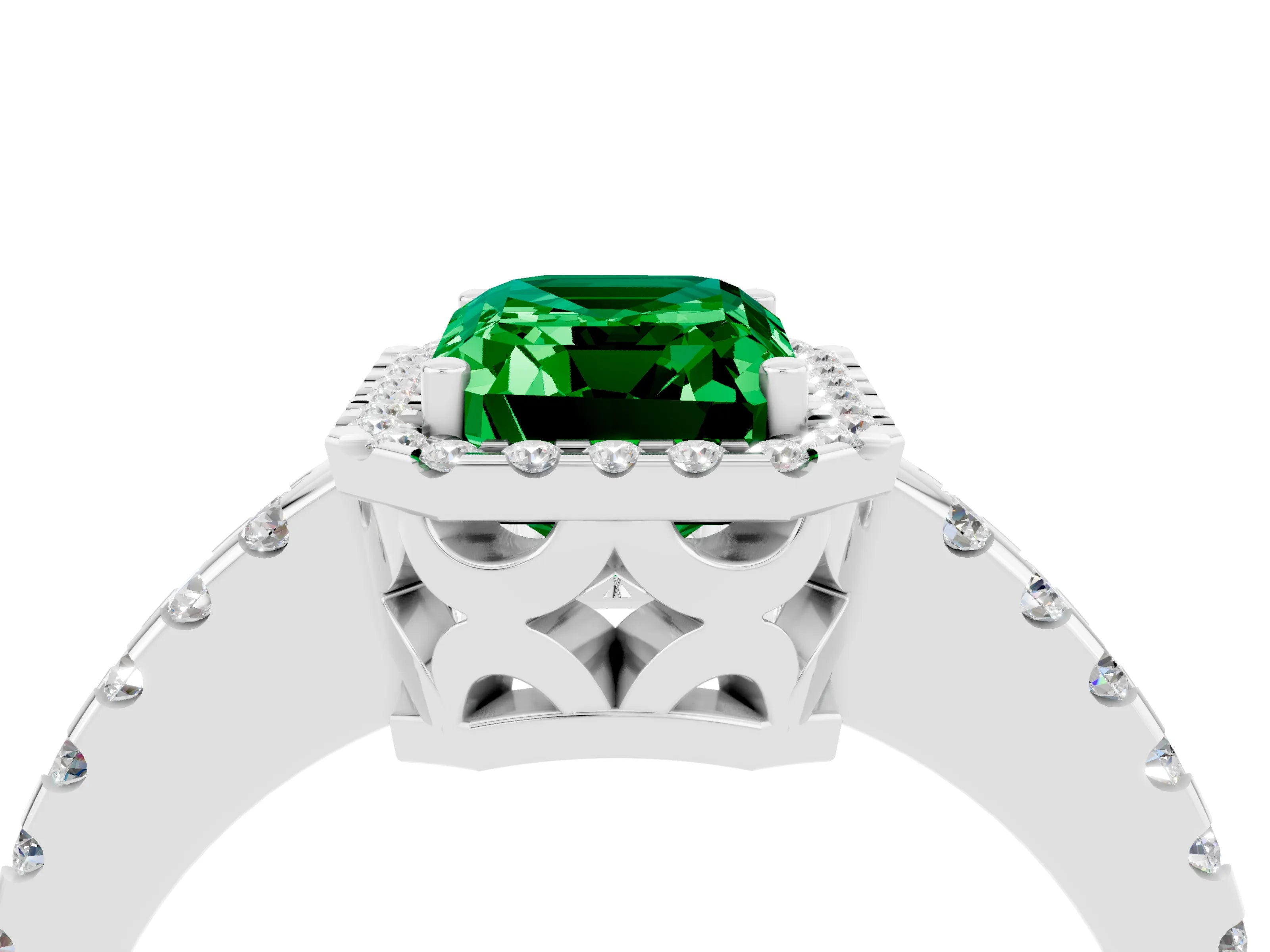 White gold Emerald Cut Emerald Halo Engagement Ring with Pavé Band and Prong Setting_16