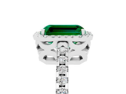 White gold Emerald Cut Emerald Halo Engagement Ring with Pavé Band and Prong Setting_17