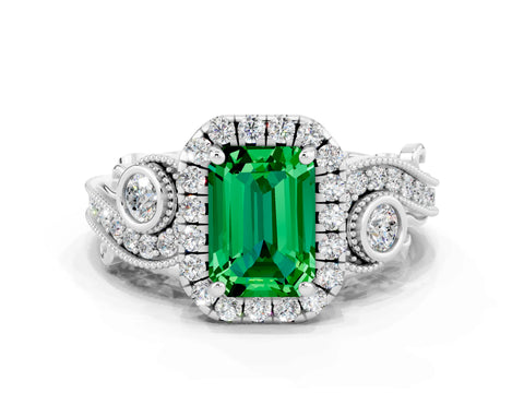 White gold Emerald Cut Emerald Halo Ring with Milgrain Pavé Band and Four-Prong Setting_12