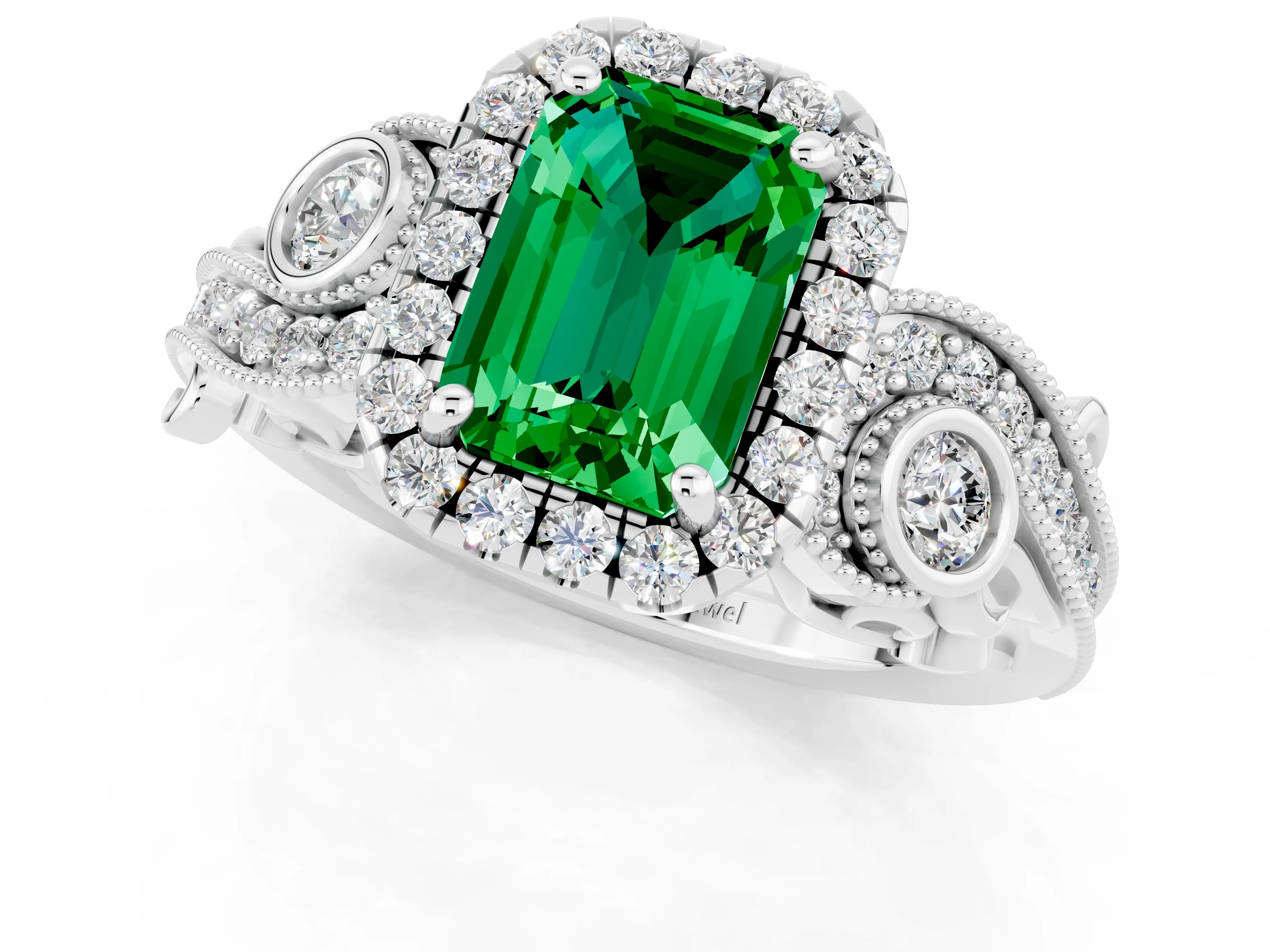 White gold Emerald Cut Emerald Halo Ring with Milgrain Pavé Band and Four-Prong Setting_13