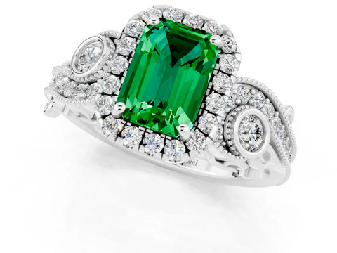 White gold Emerald Cut Emerald Halo Ring with Milgrain Pavé Band and Four-Prong Setting_13