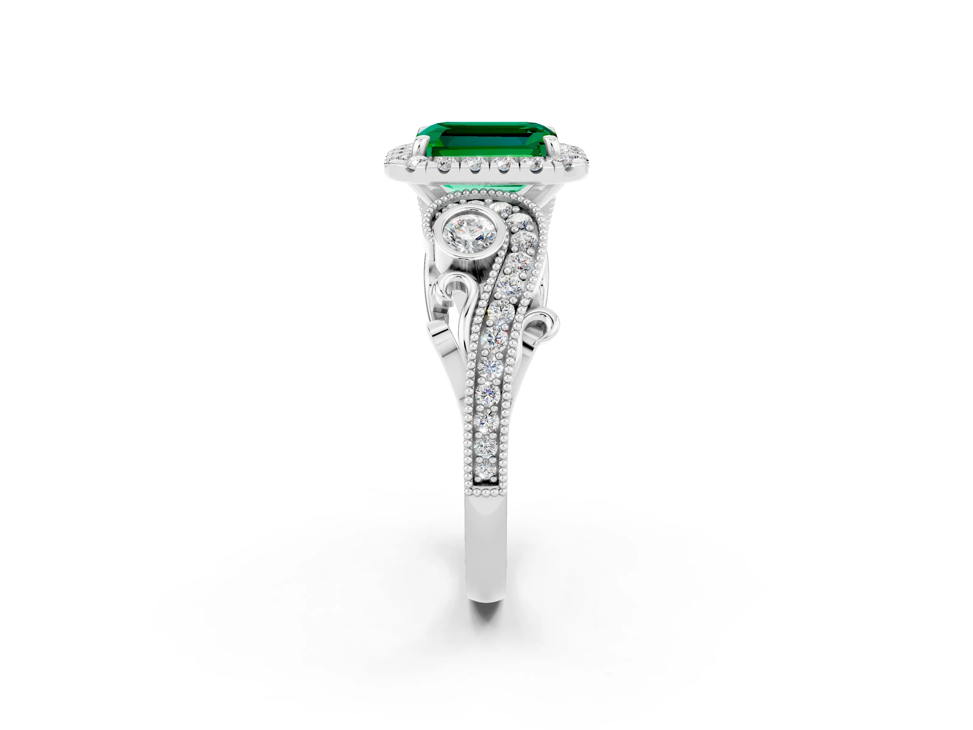 White gold Emerald Cut Emerald Halo Ring with Milgrain Pavé Band and Four-Prong Setting_14