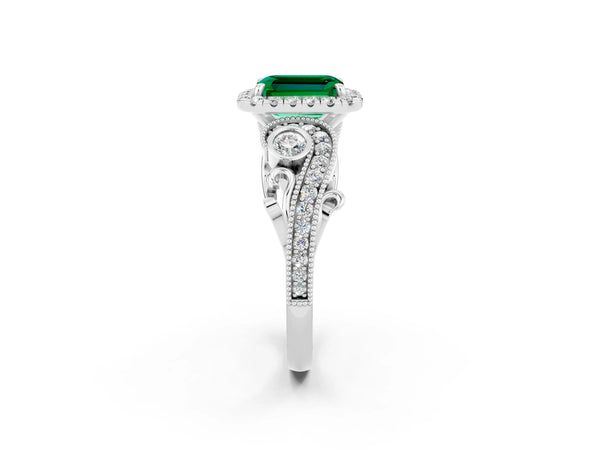 White gold Emerald Cut Emerald Halo Ring with Milgrain Pavé Band and Four-Prong Setting