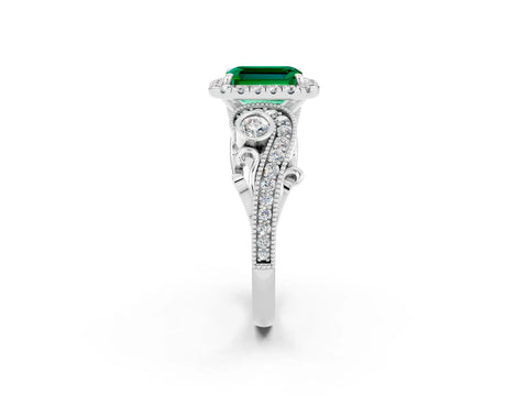 White gold Emerald Cut Emerald Halo Ring with Milgrain Pavé Band and Four-Prong Setting_14