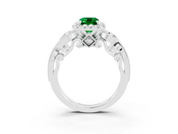 White gold Emerald Cut Emerald Halo Ring with Milgrain Pavé Band and Four-Prong Setting