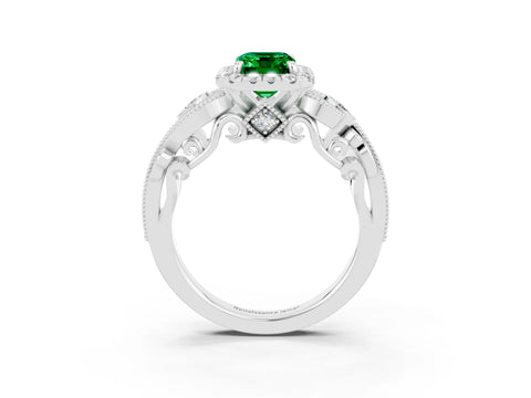 White gold Emerald Cut Emerald Halo Ring with Milgrain Pavé Band and Four-Prong Setting_15