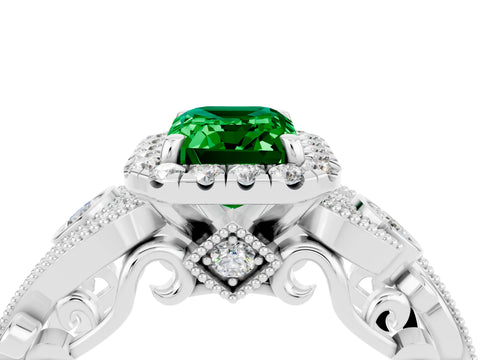 White gold Emerald Cut Emerald Halo Ring with Milgrain Pavé Band and Four-Prong Setting_16