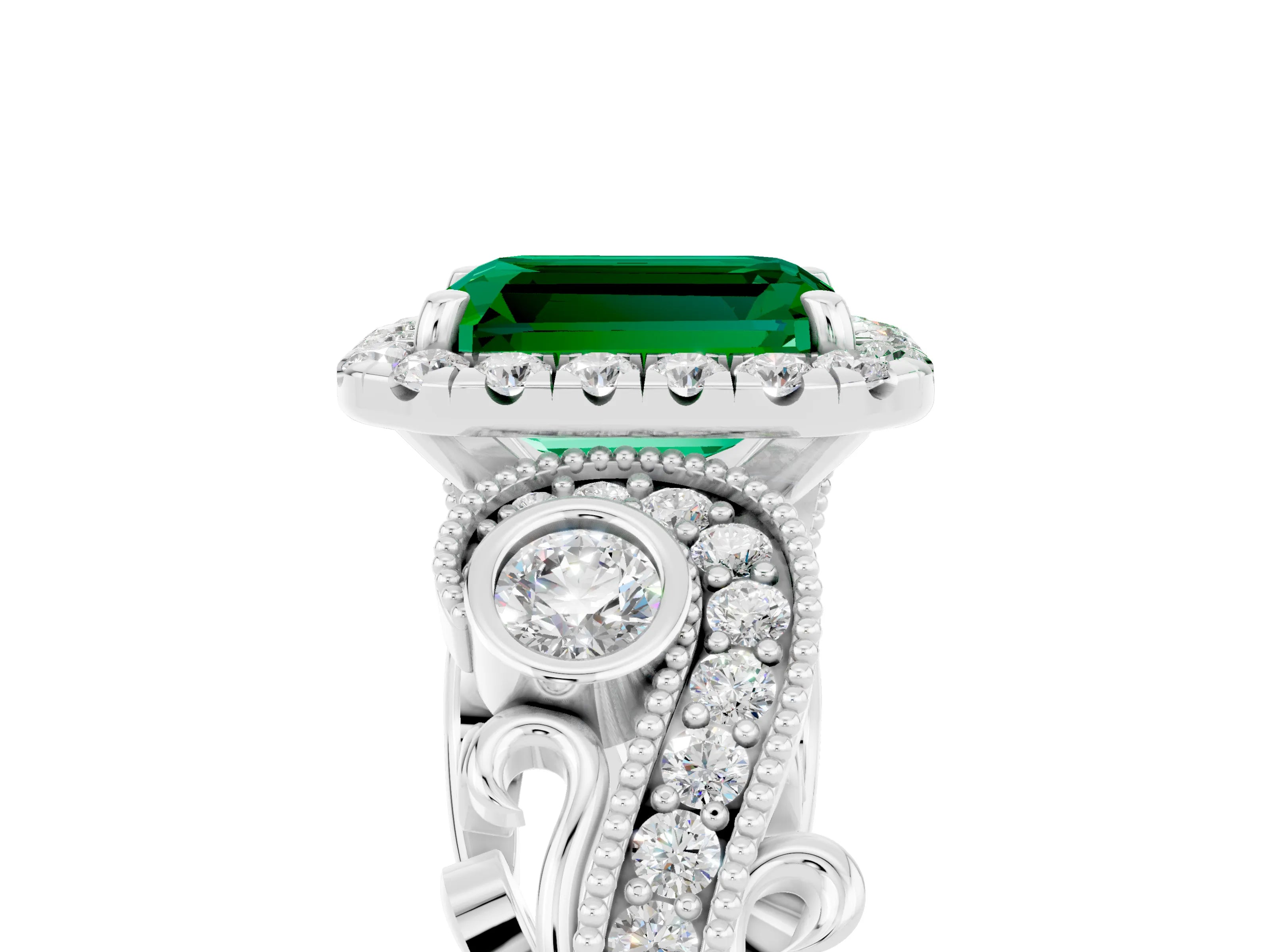 White gold Emerald Cut Emerald Halo Ring with Milgrain Pavé Band and Four-Prong Setting_17