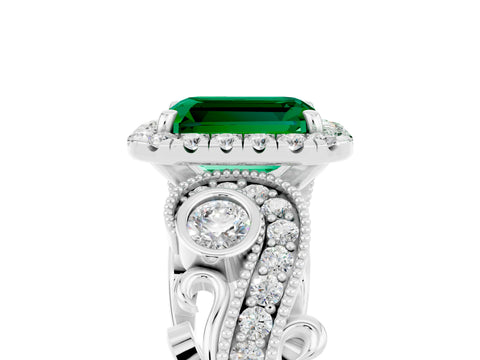 White gold Emerald Cut Emerald Halo Ring with Milgrain Pavé Band and Four-Prong Setting_17