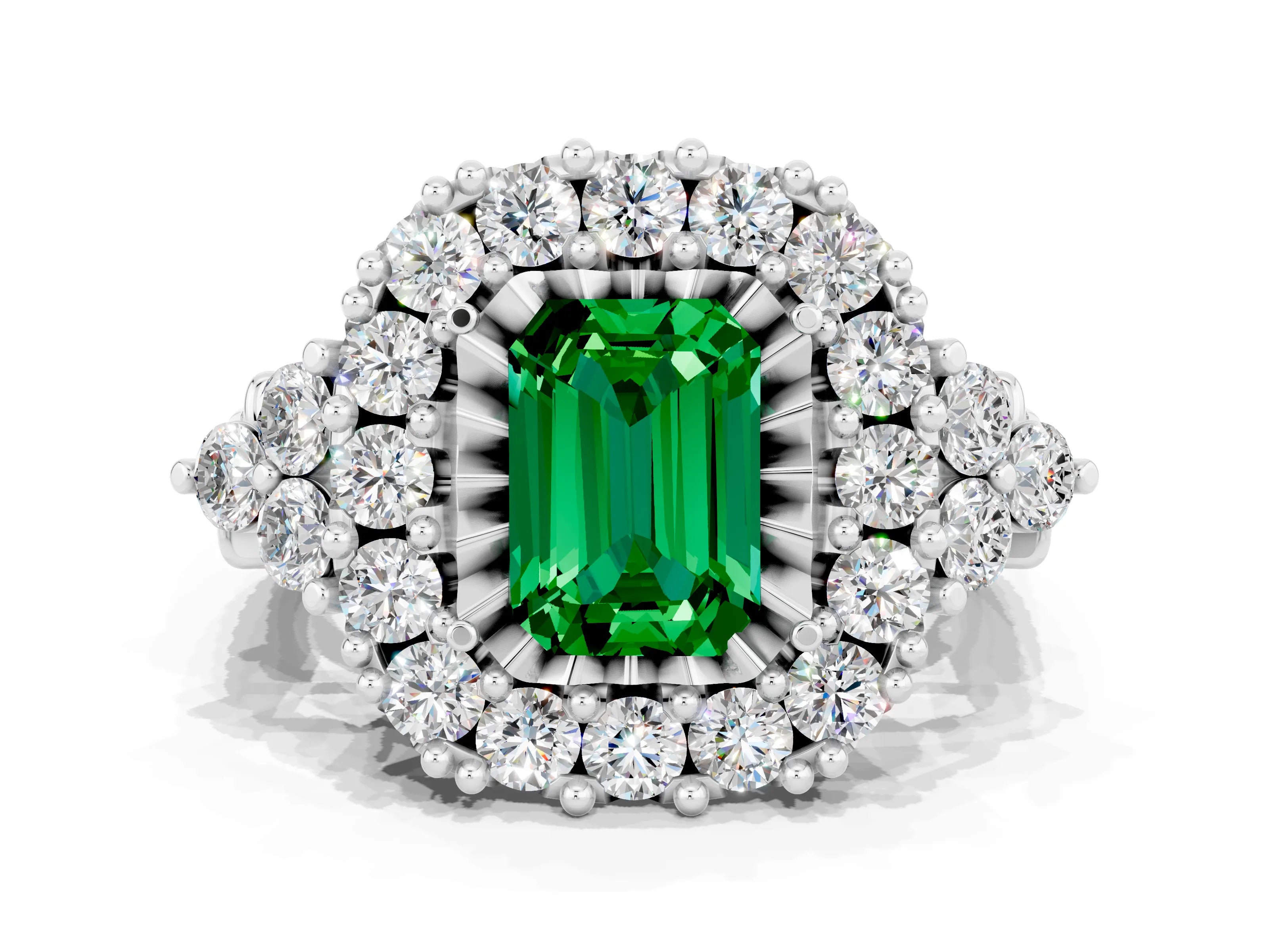 White gold Emerald Cut Emerald Halo Ring with Pavé Band and Four-Prong Setting_22
