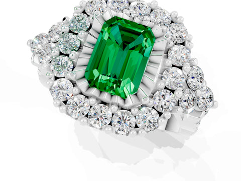 White gold Emerald Cut Emerald Halo Ring with Pavé Band and Four-Prong Setting_25