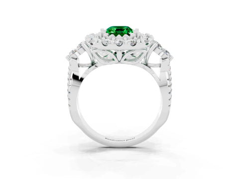 White gold Emerald Cut Emerald Halo Ring with Pavé Band and Four-Prong Setting_25