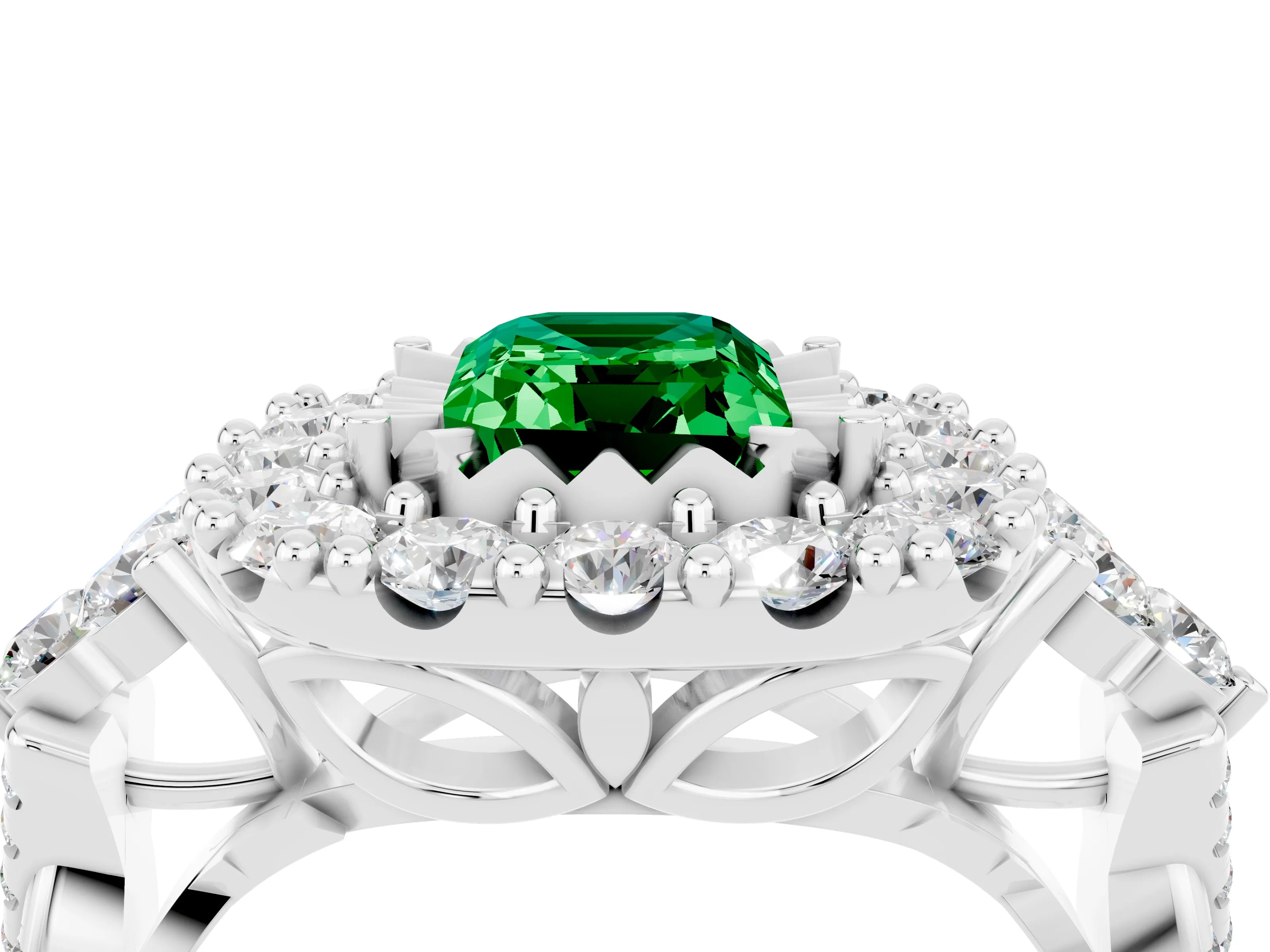 White gold Emerald Cut Emerald Halo Ring with Pavé Band and Four-Prong Setting_26