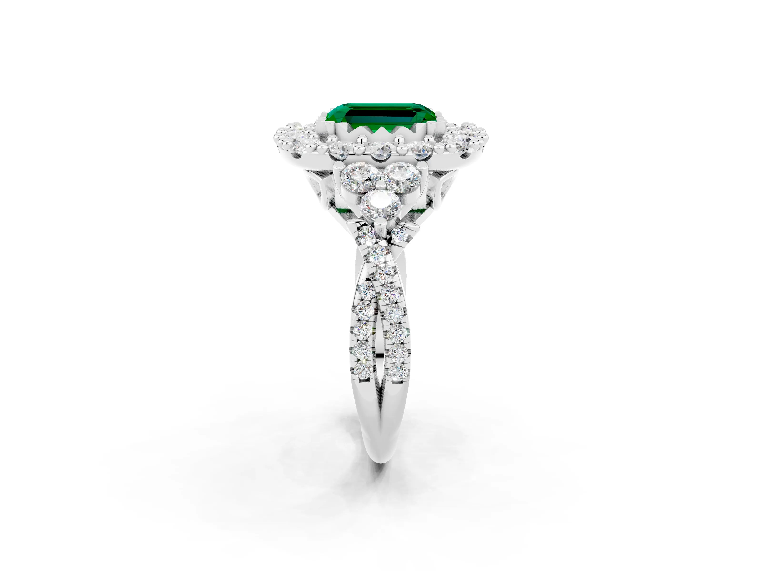 White gold Emerald Cut Emerald Halo Ring with Pavé Band and Four-Prong Setting_26
