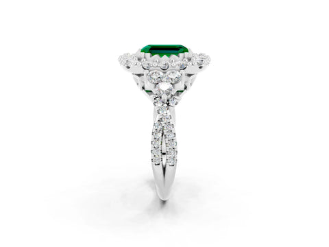 White gold Emerald Cut Emerald Halo Ring with Pavé Band and Four-Prong Setting_26