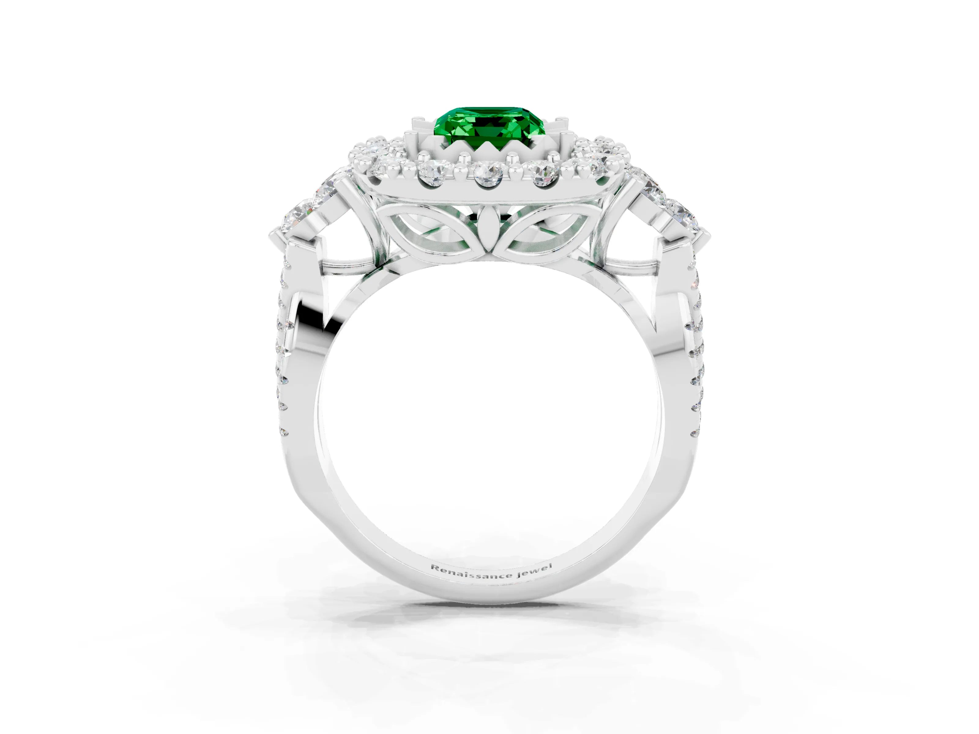 White gold Emerald Cut Emerald Halo Ring with Pavé Band and Four-Prong Setting_27