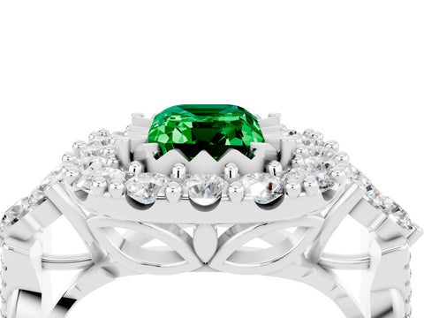 White gold Emerald Cut Emerald Halo Ring with Pavé Band and Four-Prong Setting_28