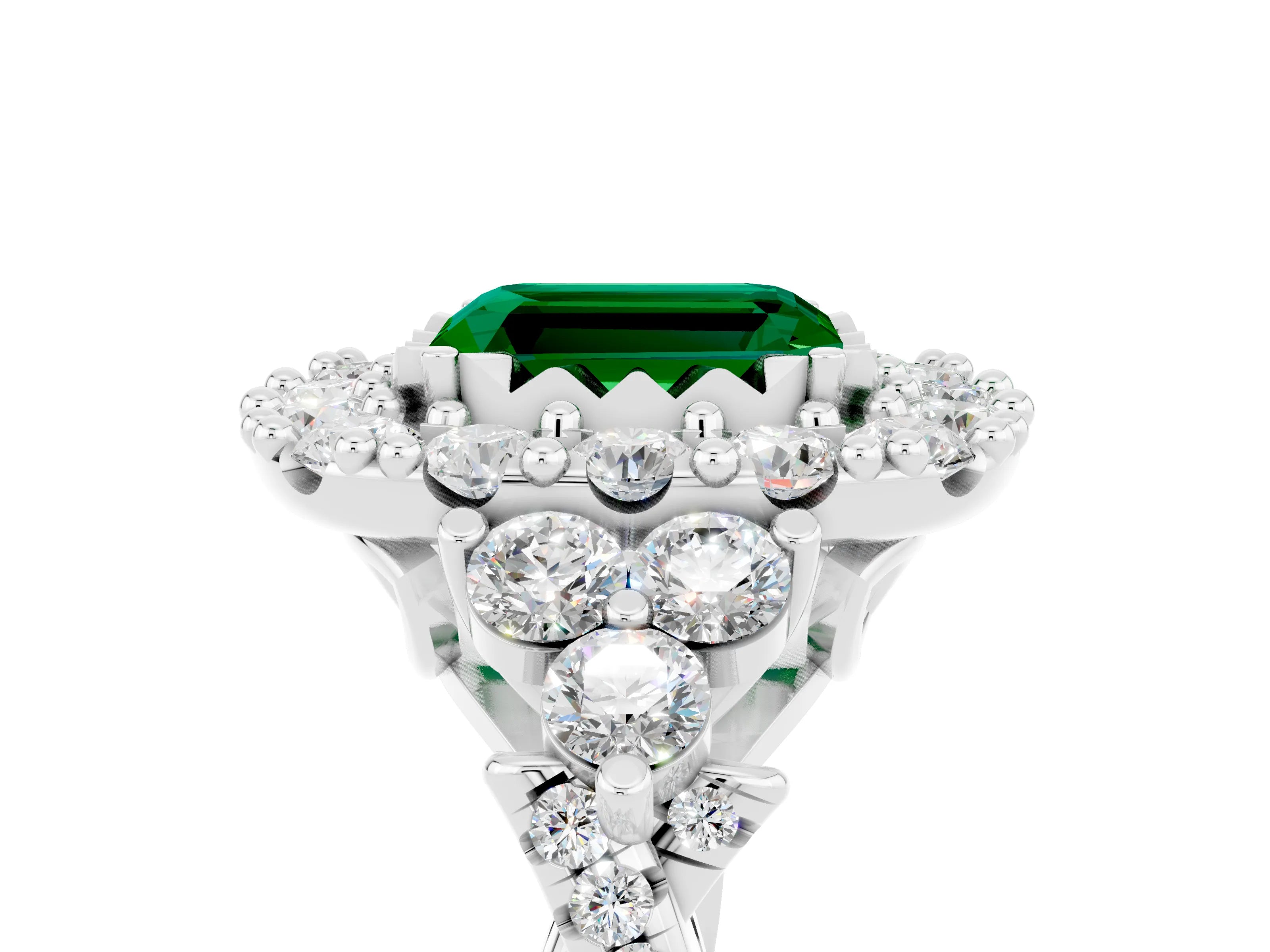 White gold Emerald Cut Emerald Halo Ring with Pavé Band and Four-Prong Setting_29