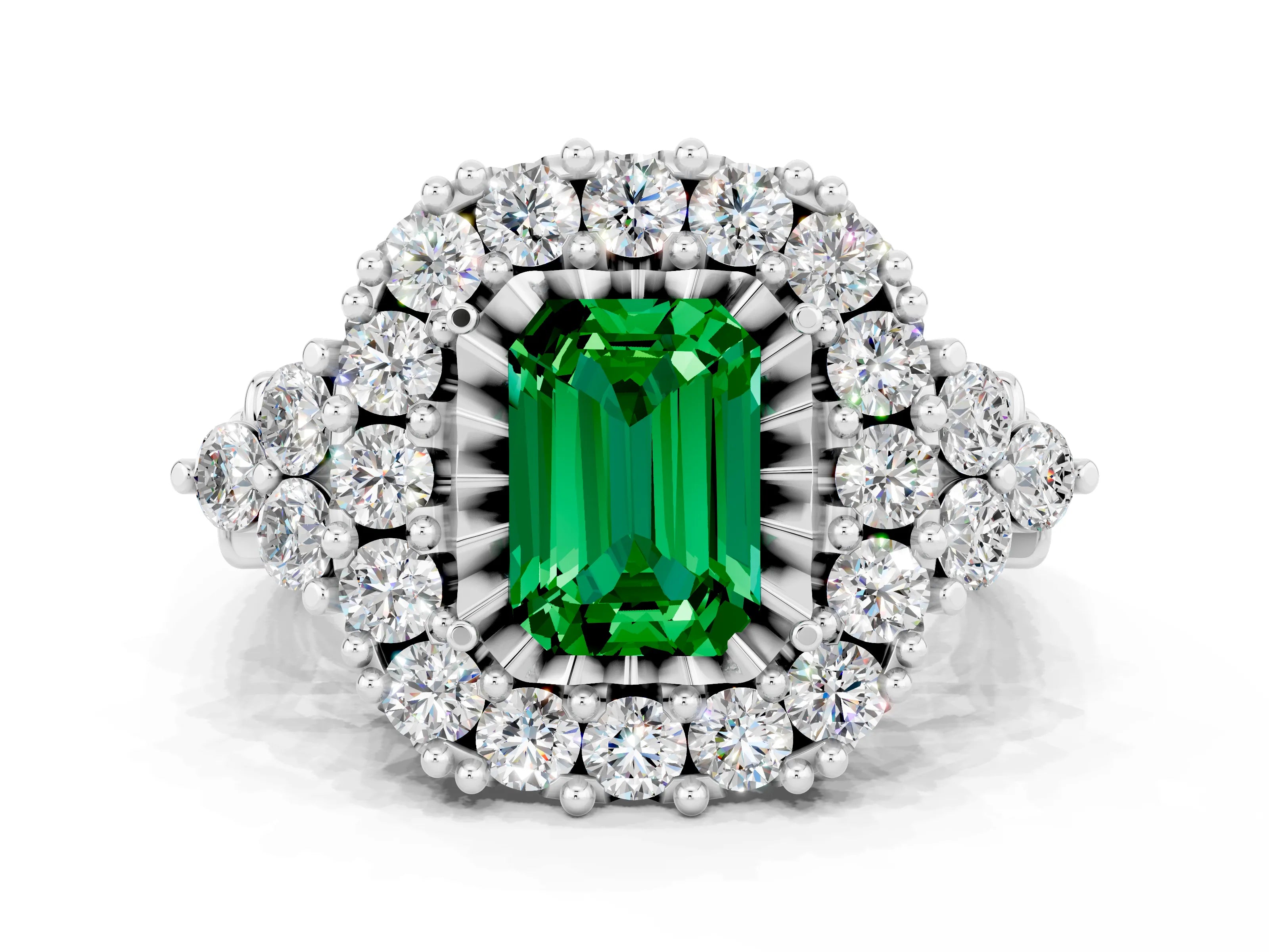 White gold Emerald Cut Emerald Halo Ring with Pavé Band and Four-Prong Setting_36