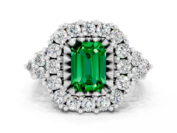 Platinum Emerald Cut Emerald Halo Ring with Pavé Band and Four-Prong Setting