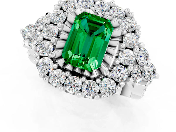 Platinum Emerald Cut Emerald Halo Ring with Pavé Band and Four-Prong Setting