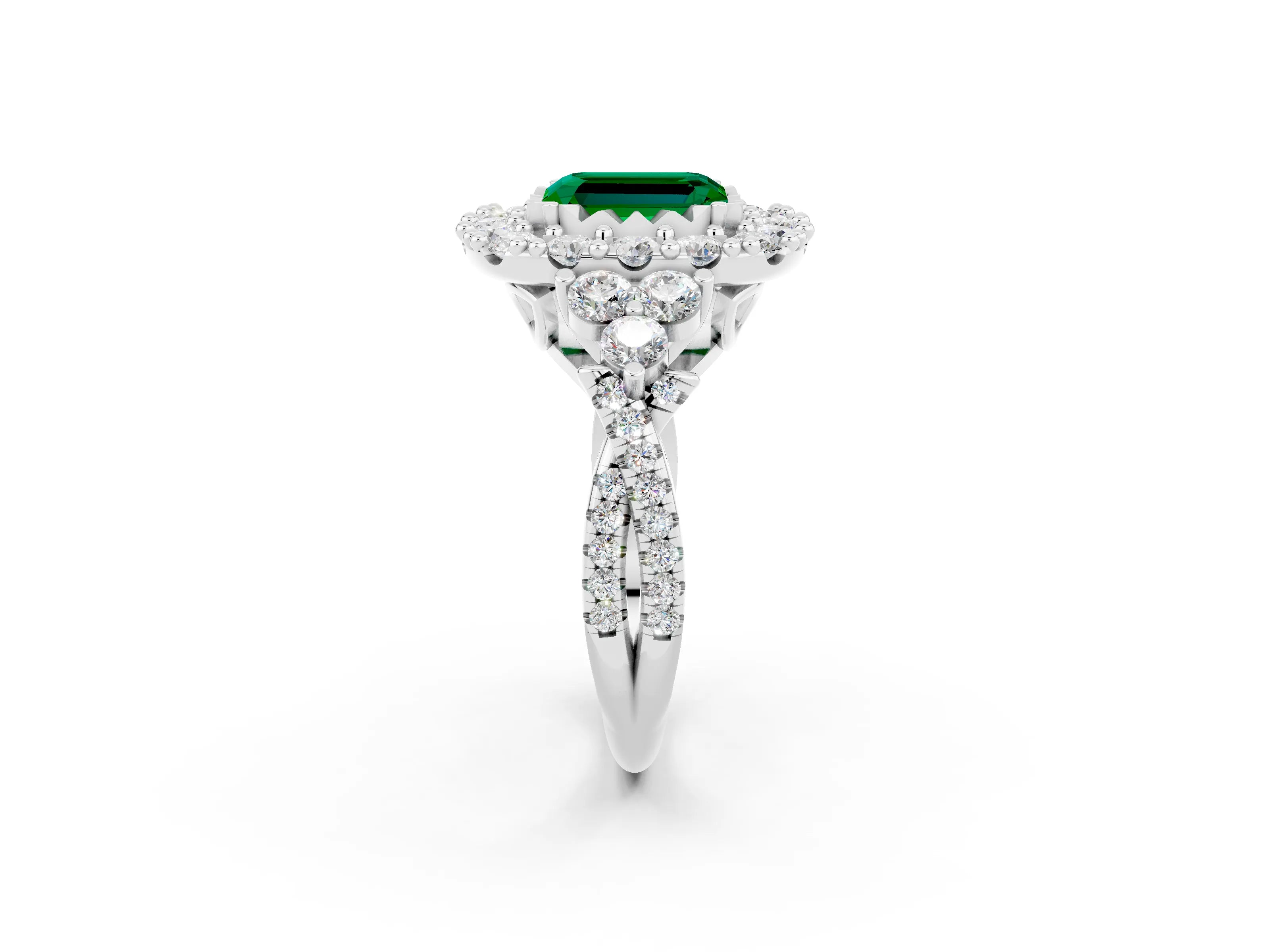 White gold Emerald Cut Emerald Halo Ring with Pavé Band and Four-Prong Setting_38