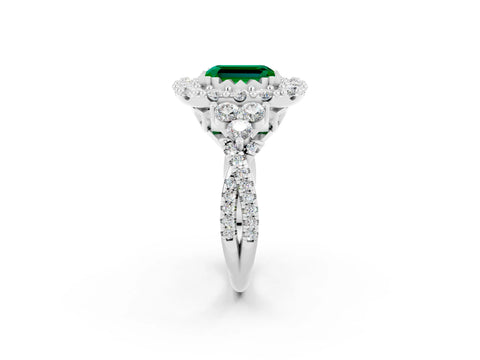 White gold Emerald Cut Emerald Halo Ring with Pavé Band and Four-Prong Setting_38