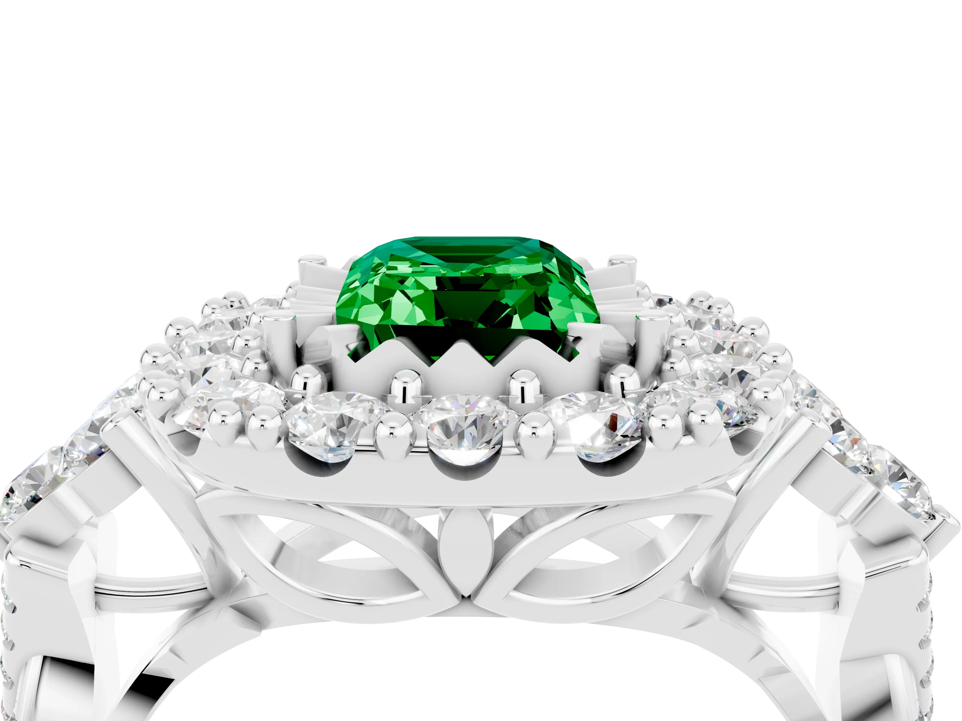 White gold Emerald Cut Emerald Halo Ring with Pavé Band and Four-Prong Setting_40