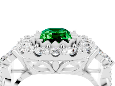 White gold Emerald Cut Emerald Halo Ring with Pavé Band and Four-Prong Setting_40