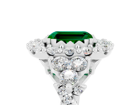 White gold Emerald Cut Emerald Halo Ring with Pavé Band and Four-Prong Setting_41