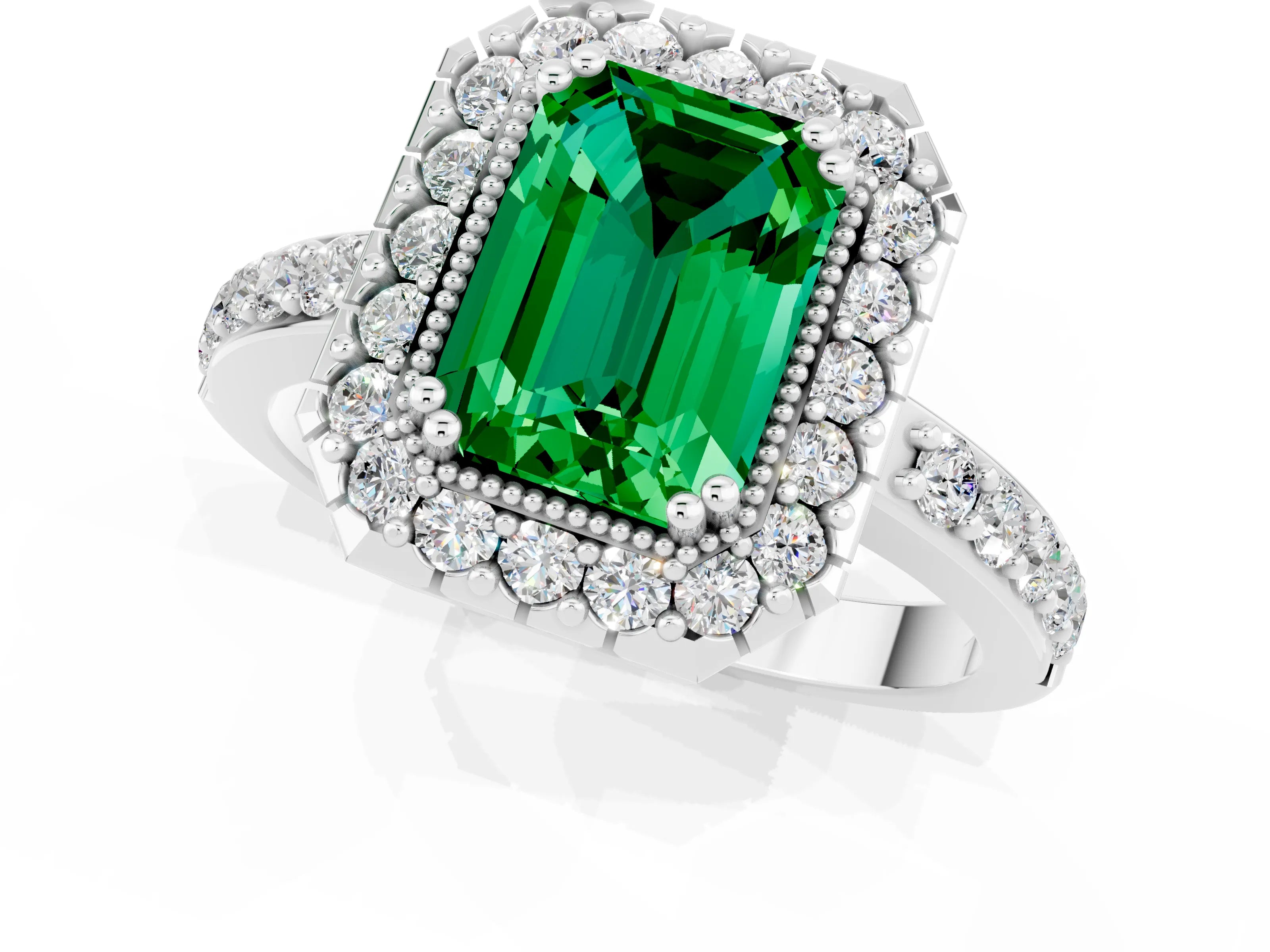 White gold Emerald Cut Emerald Halo Ring with Pavé Band and Prong Setting_1