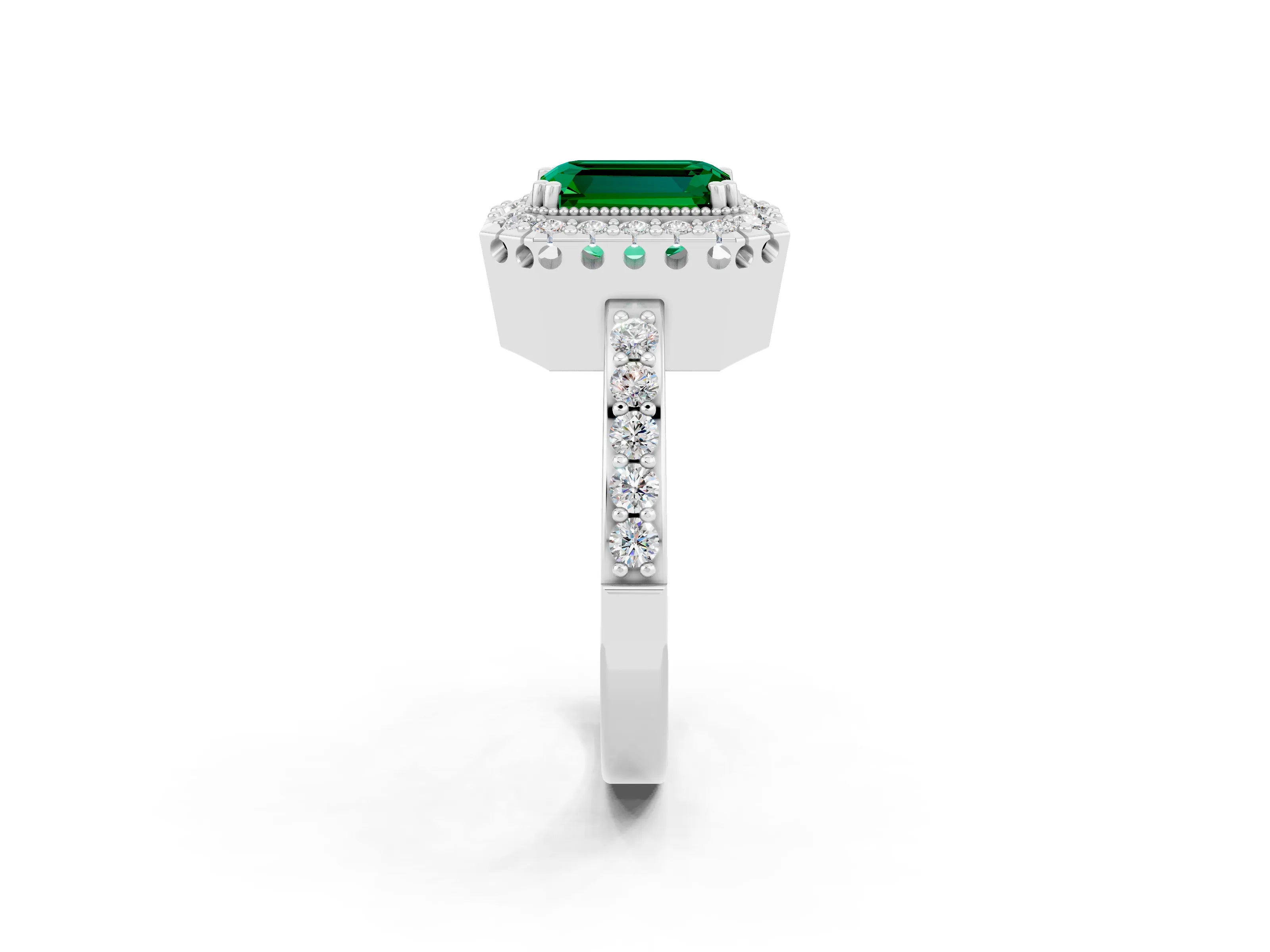 White gold Emerald Cut Emerald Halo Ring with Pavé Band and Prong Setting_2