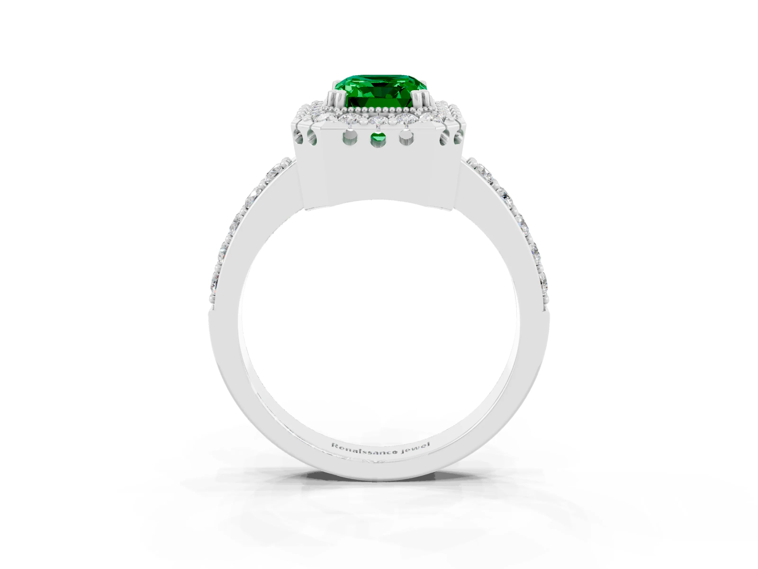 White gold Emerald Cut Emerald Halo Ring with Pavé Band and Prong Setting_3