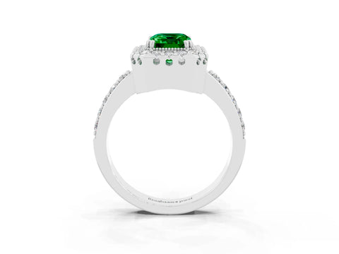 White gold Emerald Cut Emerald Halo Ring with Pavé Band and Prong Setting_3