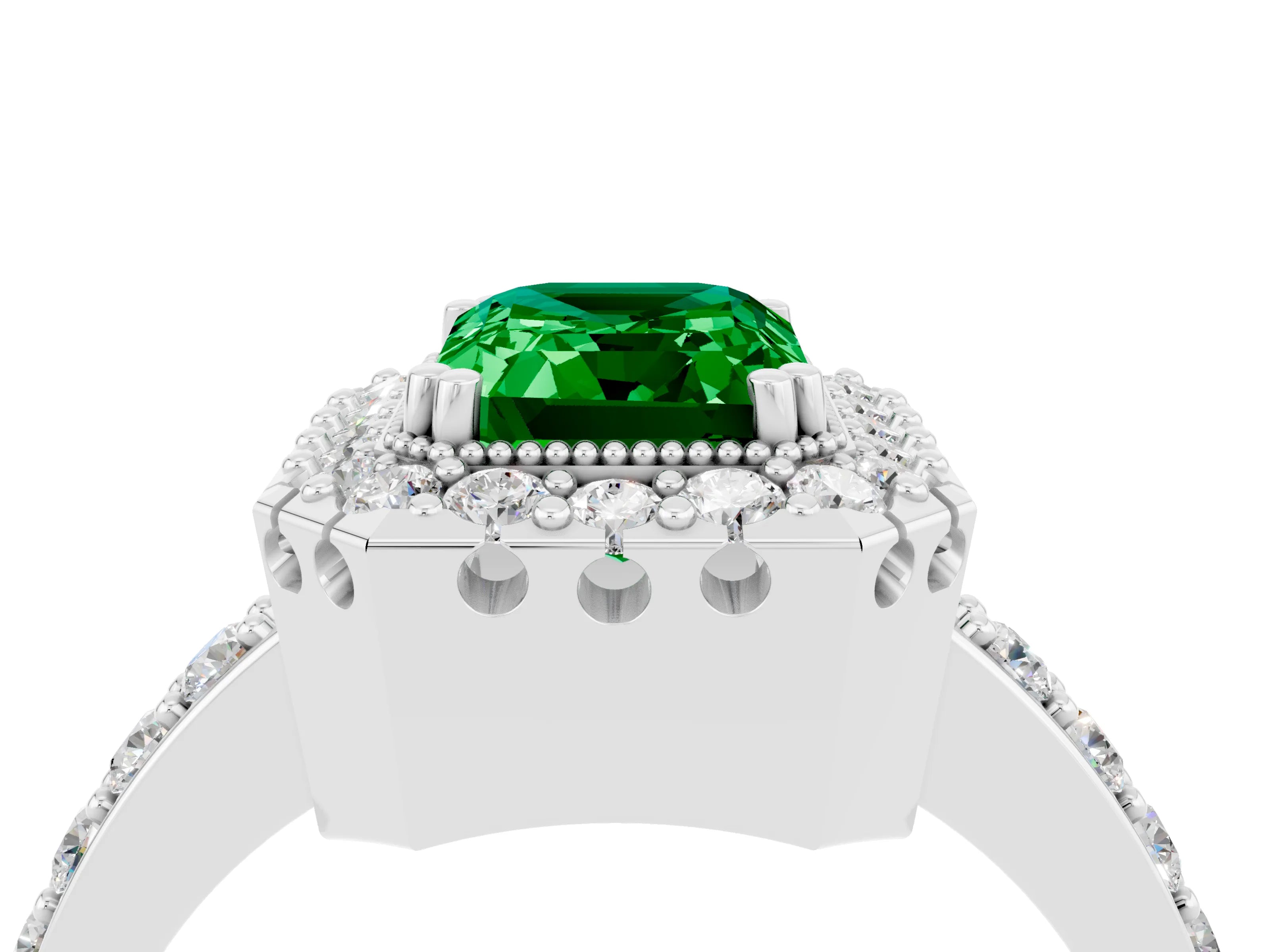 White gold Emerald Cut Emerald Halo Ring with Pavé Band and Prong Setting_4