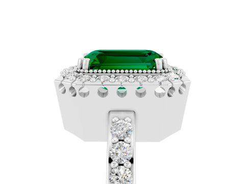 White gold Emerald Cut Emerald Halo Ring with Pavé Band and Prong Setting_5