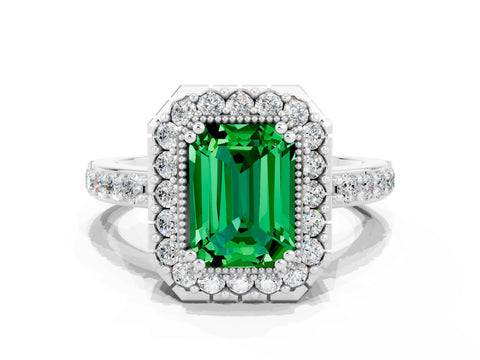 White gold Emerald Cut Emerald Halo Ring with Pavé Band and Prong Setting
