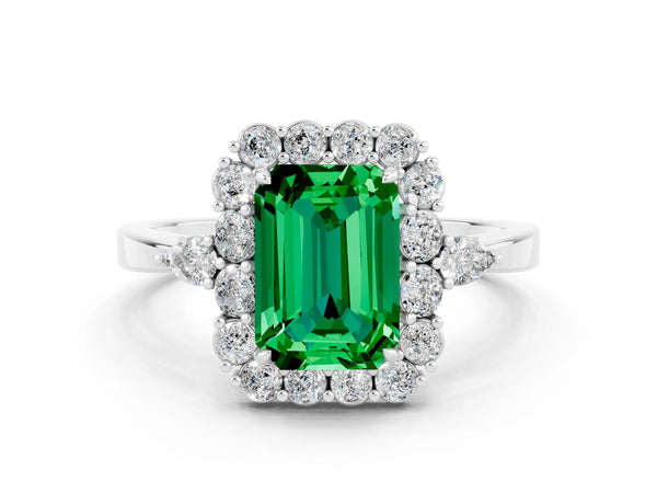 Platinum Emerald Cut Emerald Halo Ring with Pear Side Stones and Prong Setting