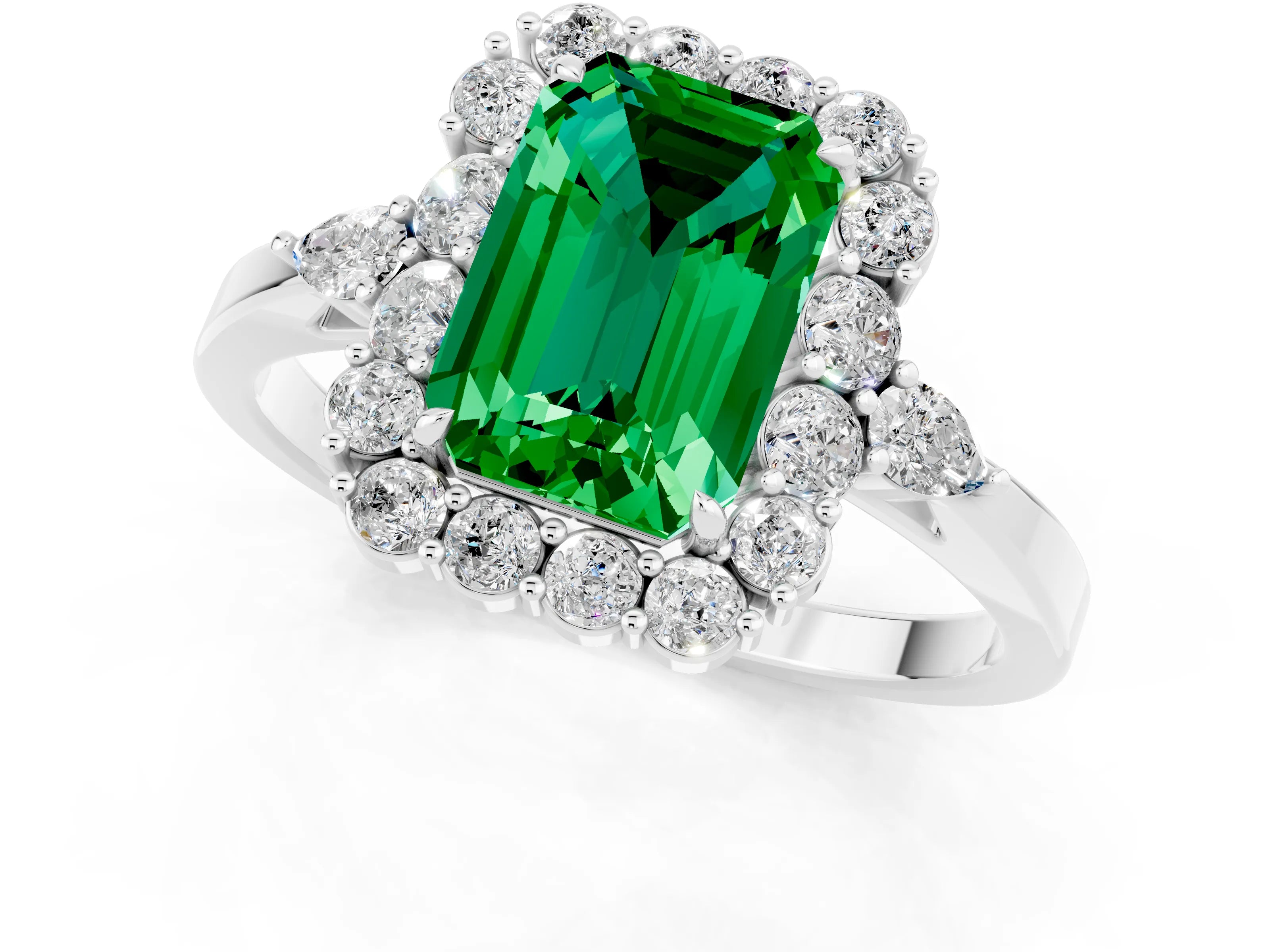 White gold Emerald Cut Emerald Halo Ring with Pear Side Stones and Prong Setting_25