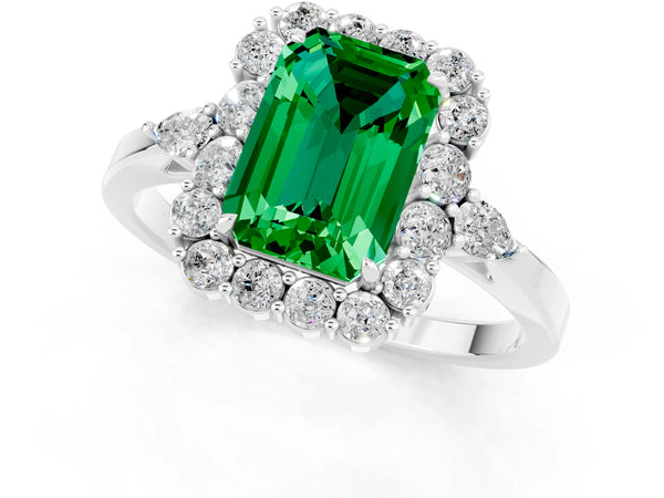 Platinum Emerald Cut Emerald Halo Ring with Pear Side Stones and Prong Setting