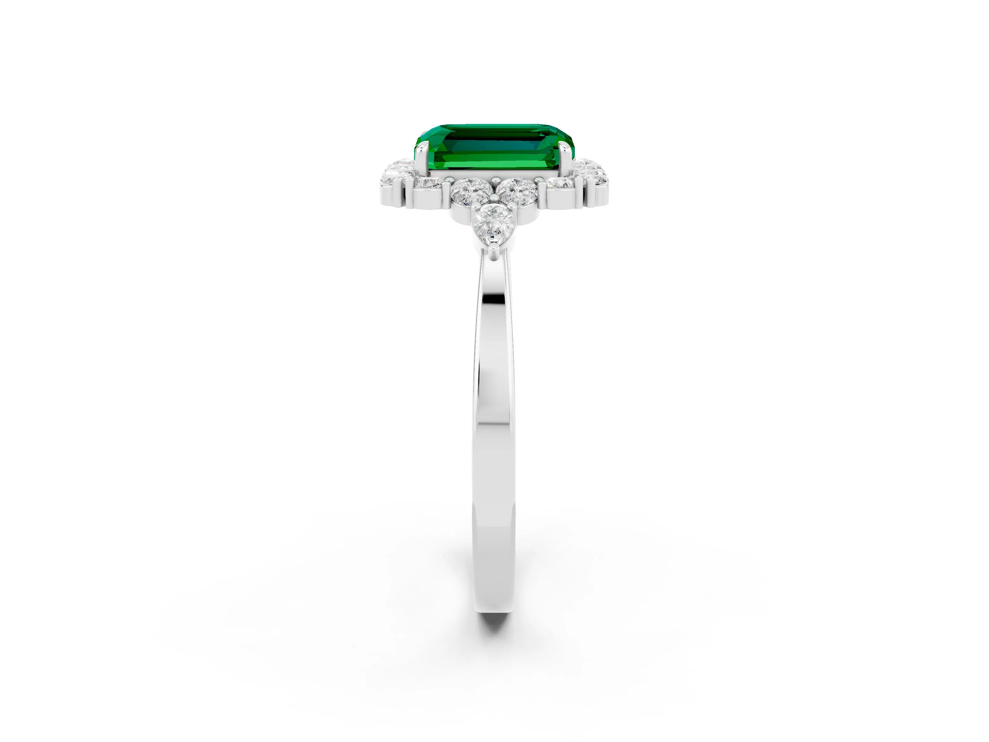 White gold Emerald Cut Emerald Halo Ring with Pear Side Stones and Prong Setting_26
