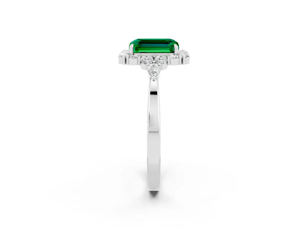 White gold Emerald Cut Emerald Halo Ring with Pear Side Stones and Prong Setting